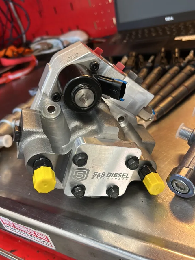 S&S Diesel DCR high-pressure fuel pump on the bench at Too-Big Performance in Rocklin, CA